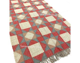 Dywan kilim z wełny jutowej 9 x 12 stóp, ręcznie robiony, wielokolorowy, do salonu, do wnętrz, na zewnątrz, w stylu boho, tradycyjny, duży, do przedpokoju