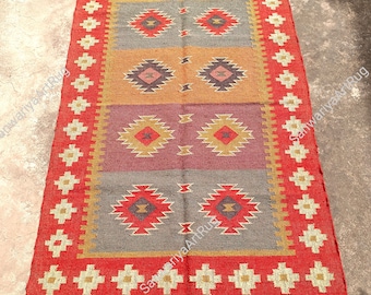 Kilim Rug Runner | Handwoven Wool and Jute Rug | Handmade Kilim Dhurrie Rug| Motifs Oriental Traditional Indian Geometric Turkish Rug Runner