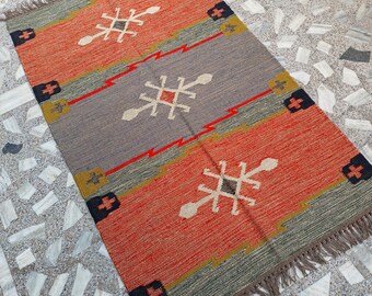 Handwoven Wool Jute Kilim Rug, Geometric Rectangle Shape 6x8 Ft Custom Area Turkish Traditional Large Hallway Dhurrie Kitchen Decor Rug