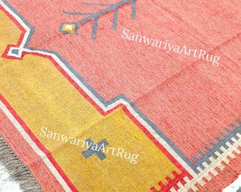 Indian Multi Kilim Rug Runner | Handwoven Wool and Jute Rug | Handmade Kilim Dhurrie Rug | Motifs Oriental Traditional Geometric Turkish Rug