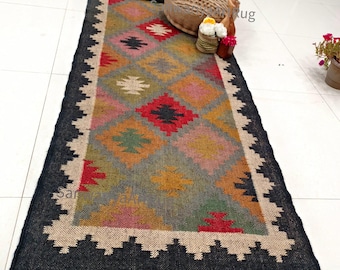 Handwoven Wool Jute Kilim Runner Rug, Geometric Style Turkish Rainbow Colorful Flatweave Modern Farmhouse Stairway Office Entryway Runner
