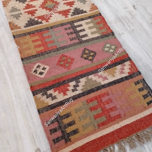 Kilim Runner Rugs | Handwoven Wool Jute Rug | Handmade Kilim Dhurrie Rug | Motifs Oriental Traditional Indian Geometric Turkish Decor Rugs