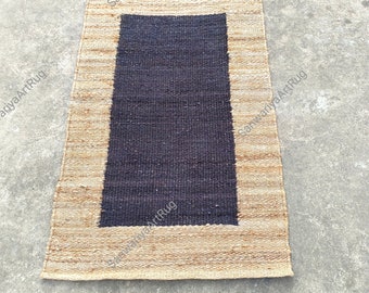 Handgemaakt gestreept hennepjutetapijt, blauw en beige 8 x 9 ft aangepaste bohostijl natuurlijke Turkse traditionele hal Dhurrie binnentapijt