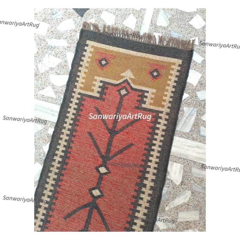 Alfombra de yute de lana hecha a mano: Alfombra grande de pasillo estilo bohemio navajo con forma geométrica multicolor, alfombra para lavandería o entrada interior. imagen 6