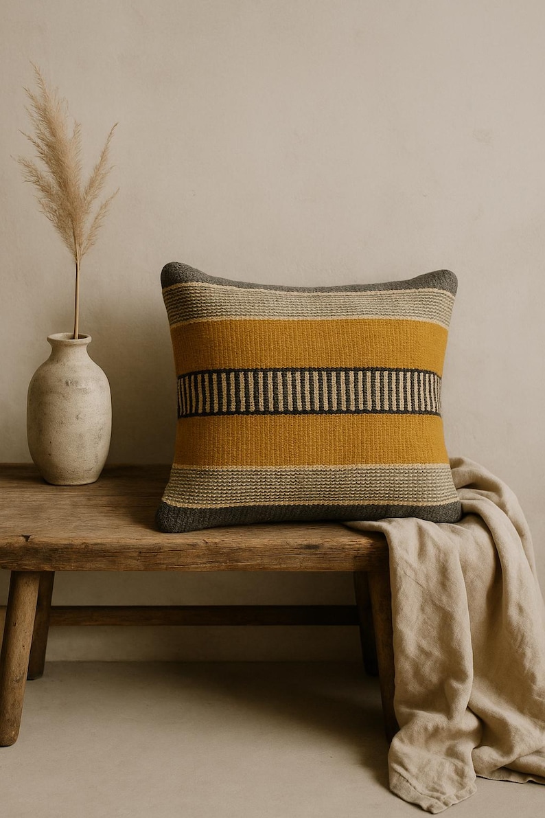 Handmade Wool Jute Kilim Pillow Cover, Turkish Oushak Moroccan 18x18 Inch Throw Pillowcase, Bohemain Home Bedroom Sofa Decor Cushion Cover