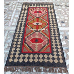 Handwoven Wool Jute Runner Rug: Navajo Kilim Rainbow Modern Farmhouse Stair Flatweave Living Home Decor, Office Laundry Entryway Runner