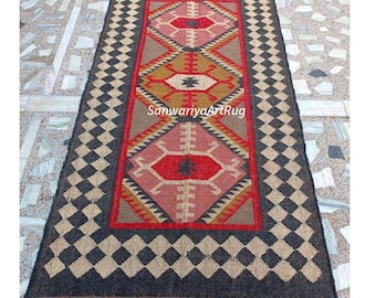 Handwoven Wool Jute Runner Rug: Rainbow Kilim Stair Runner, Farmhouse Living Decor