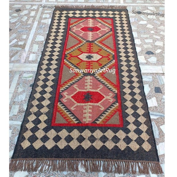 Handwoven Wool Jute Runner Rug: Rainbow Kilim Stair Runner, Farmhouse Living Decor