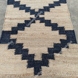 Teppich Läufer | Beige & Schwarzer Hanf Teppich | Custom Size Hanf Läufer | Hanf für Treppendekor | Getufteter Hanf Teppich | Marokkanischer Saumläufer für Treppen