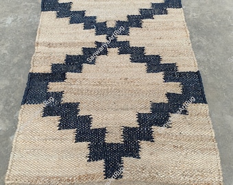 Hemp Runner Rug | Beige & Black Hemp Rug | Custom Size Hemp Runner | Hemp For Stair Decor | Tufted Hemp Rug | Moroccan Hem Runner For Stairs