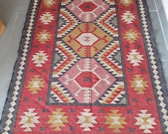Handwoven Wool Jute Kilim Rug, Geometric Colorful Rectangle Turkish Oushak Modern Farmhouse Living Room Kichen Decor Office Entryway Rug