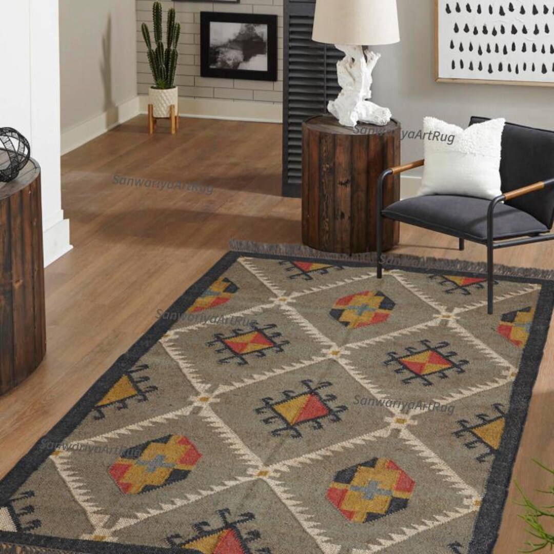9x10 Ft Geometric Shape Wool Jute Rug, Handwoven Colorful Rainbow ...