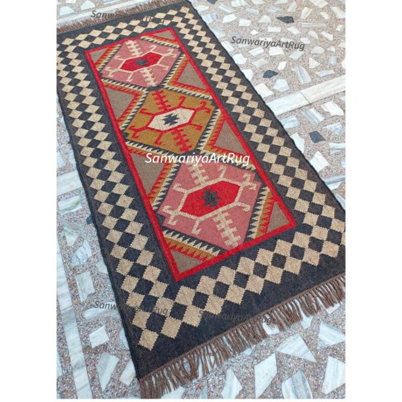Handwoven Wool Jute Runner Rug: Navajo Kilim Rainbow Modern Farmhouse Stair Flatweave Living Home Decor, Office Laundry Entryway Runner