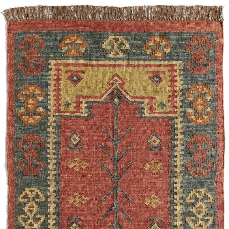 Indian Kilim runner Handwoven Wool Jute Rug Handmade Kilim Dhurrie Rug, Motifs Oriental Traditional Geometric Turkish Home decor Kilim Rug