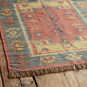 Handwoven Kilim Runner | Wool Jute Rug | Handmade Kilim Dhurrie Rug | Motifs Oriental Traditional Indian, Geometric Turkish Home Decor Rug