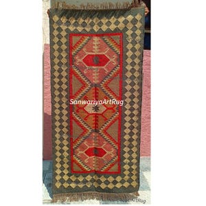 Handwoven Wool Jute Runner Rug: Navajo Kilim Rainbow Modern Farmhouse Stair Flatweave Living Home Decor, Office Laundry Entryway Runner