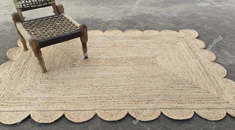 Scalloped Jute Rug | 8x10 Scallop Rug | Jute Scalloped Rug | Boho Decor Rug | Jute Runner Rug | Jute Custom Rug For Living Room & Kitchen