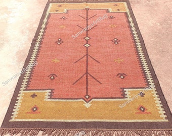 Alfombra Kilim multiusos / Alfombra de yute y lana tejida a mano / Alfombra Kilim Dhurrie hecha a mano / Alfombra tradicional india geométrica turca con motivos orientales