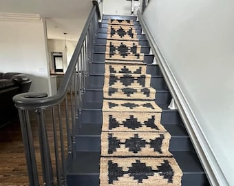 4x12 Ft Custom Hemp Jute Runner, Handwoven Black Beige Moroccan Design Stairway Traditional Large Area Nursery Kitchen Modern Home Decor Rug