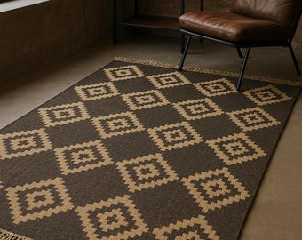 Handwoven Geometric Wool Jute Rug, Black & Beige Kilim Area Rug, Southwestern Tribal Boho Rug, Rustic Farmhouse Living Room Decor