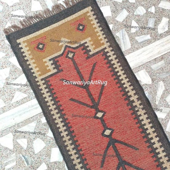 Handmade Wool Jute Runner Rug: Multicolor Geometric Shape Navajo Bohemian Large Area Hallway Rug, Laundry Indoor Entryway Runner