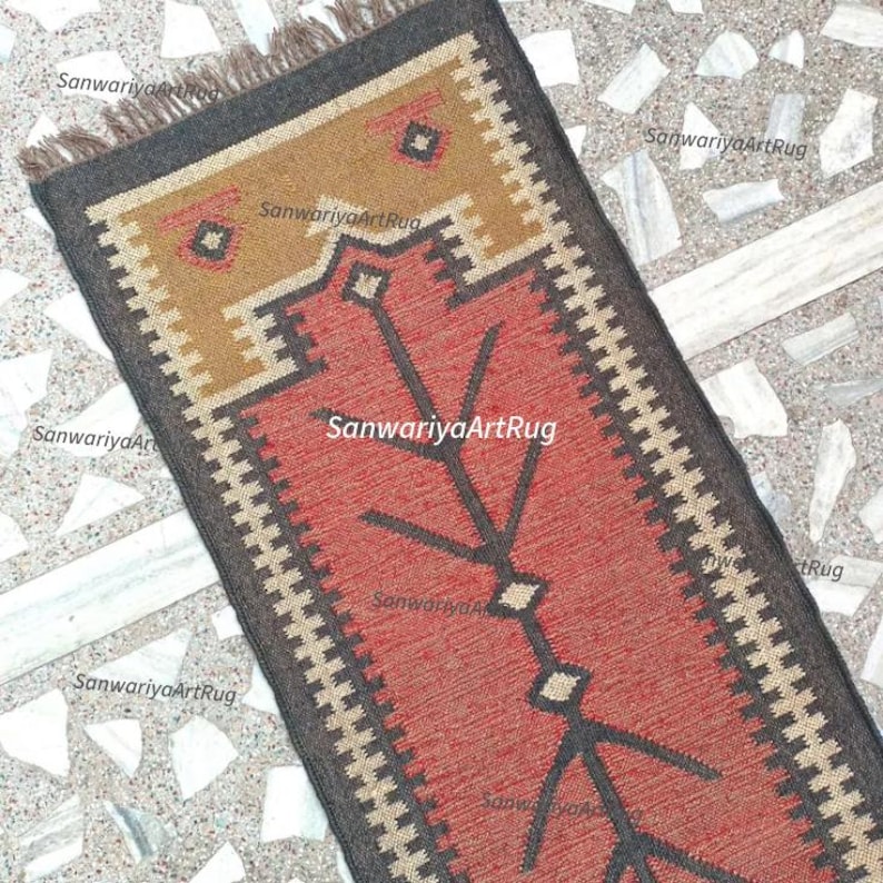 Alfombra de yute de lana hecha a mano: Alfombra grande de pasillo estilo bohemio navajo con forma geométrica multicolor, alfombra para lavandería o entrada interior. imagen 1