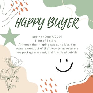 Puede incluir: Un fondo blanco con formas abstractas verdes y naranjas. El texto "HAPPY BUYER" est&aacute; en verde. El texto "Robin on Aug 7, 2024 5 out of 5 stars" est&aacute; en negro. El texto "Although the shipping was quite late, the owners went out of their way to make sure a new package was sent, and it arrived quickly." est&aacute; en negro. Una cara sonriente en blanco y negro est&aacute; en la esquina inferior derecha.