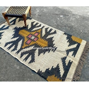 9x12 Handwoven Wool Jute Navajo Rug: Geometric Kilim Tribal Area Indian Dhurrie Rug, Boho Farmhouse Living Room Southwestern Decor