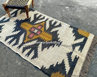9x12 Handwoven Wool Jute Navajo Rug: Geometric Kilim Tribal Area Indian Dhurrie Rug, Boho Farmhouse Living Room Southwestern Decor