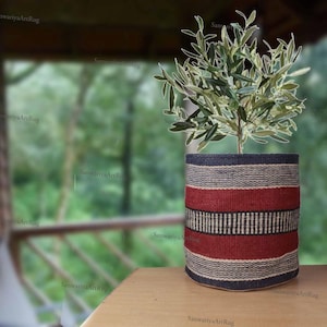 Könnte beinhalten: Ein kleiner Olivenbaum in einem geflochtenen Topf mit roten, weißen und blauen Streifen. Der Topf ist aus Naturfasern gefertigt und hat einen rustikalen Look.