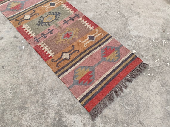 Handwoven Wool Jute Rug | Colorful Striped Kilim, Bohemian Decor