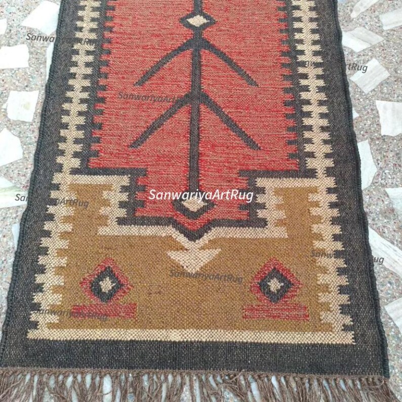 Alfombra de yute de lana hecha a mano: Alfombra grande de pasillo estilo bohemio navajo con forma geométrica multicolor, alfombra para lavandería o entrada interior. imagen 4