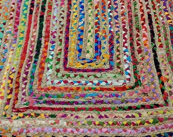 Round Braided Jute Rug – Colorful Chindi Boho Floor Mat