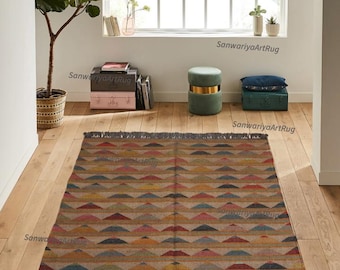 Handmade Wool Jute Kilim Rug, Geometric Colorful 6x12 Ft Custom Large Area Turkish Bohemian Farmhouse Modern Home Kitchen Entryway Rug