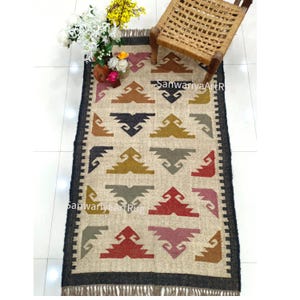 Turkish Kilim Rug Runner | Handwoven Wool Jute Rug | Handmade Kilim Dhurrie Rug| Motifs Oriental Traditional Indian Geometric Home Decor Rug