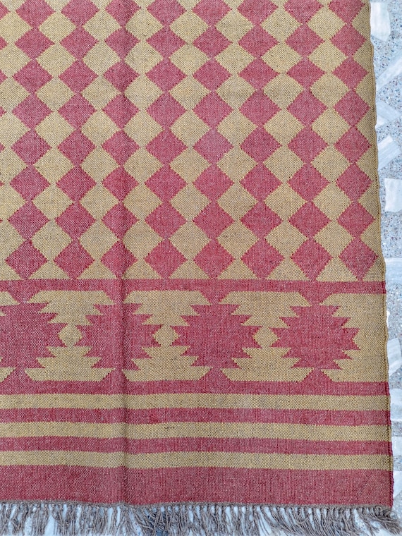 Handmade Wool Jute Kilim Rug, Red & Brown Rectangle Bohemian Large Area Turkish Oushak Traditional Home Decor Indoor Entryway Office Rug