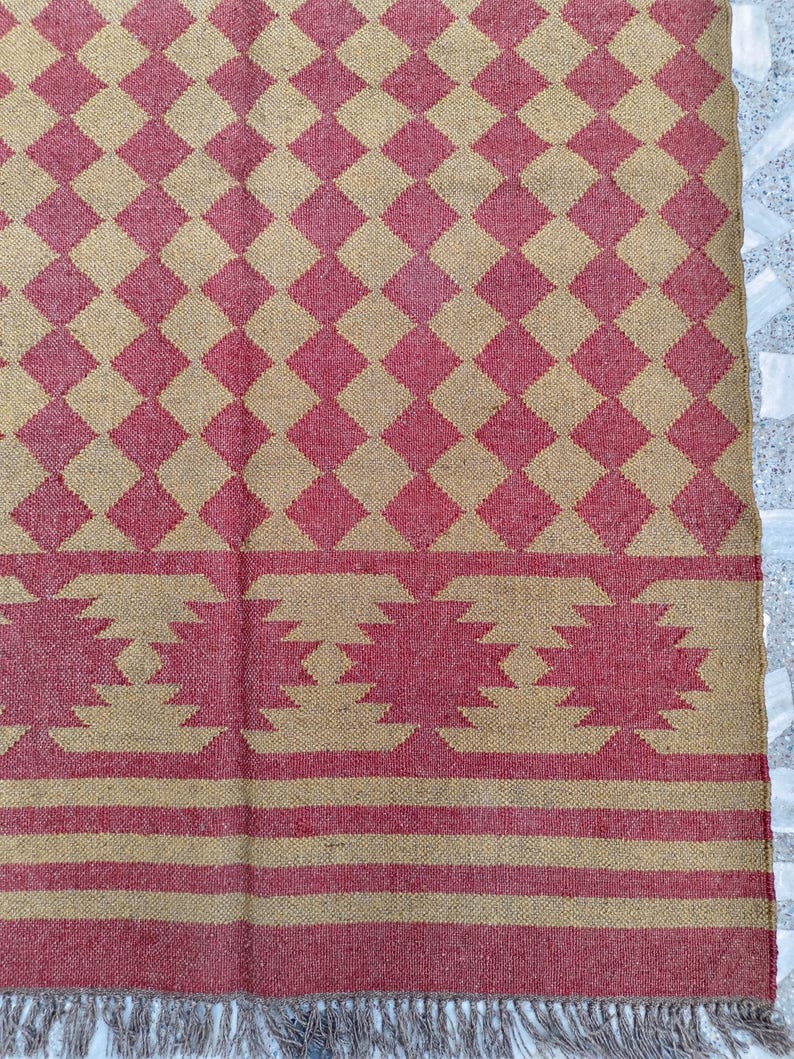 Handmade Wool Jute Kilim Rug, Red & Brown Rectangle Bohemian Large Area Turkish Oushak Traditional Home Decor Indoor Entryway Office Rug