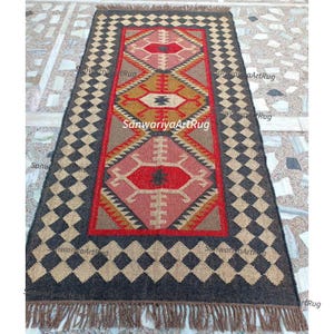 Handwoven Wool Jute Runner Rug: Navajo Kilim Rainbow Modern Farmhouse Stair Flatweave Living Home Decor, Office Laundry Entryway Runner