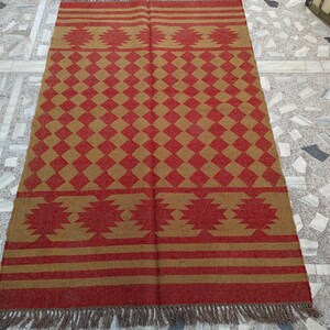 Handmade Wool Jute Kilim Rug, Red & Brown Rectangle Bohemian Large Area Turkish Oushak Traditional Home Decor Indoor Entryway Office Rug