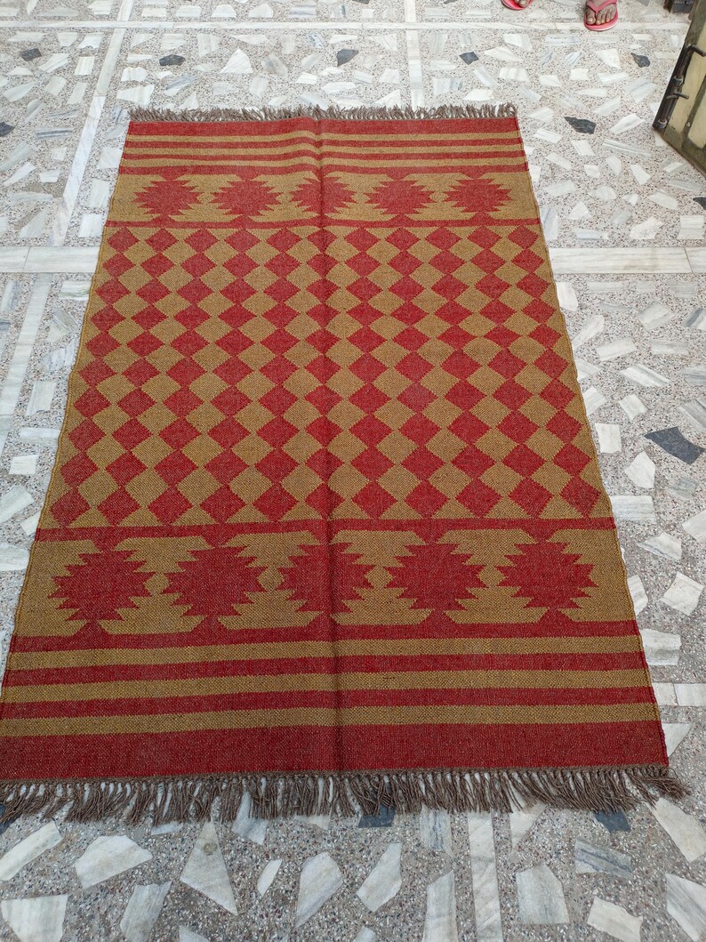 Handmade Wool Jute Kilim Rug, Red & Brown Rectangle Bohemian Large Area Turkish Oushak Traditional Home Decor Indoor Entryway Office Rug