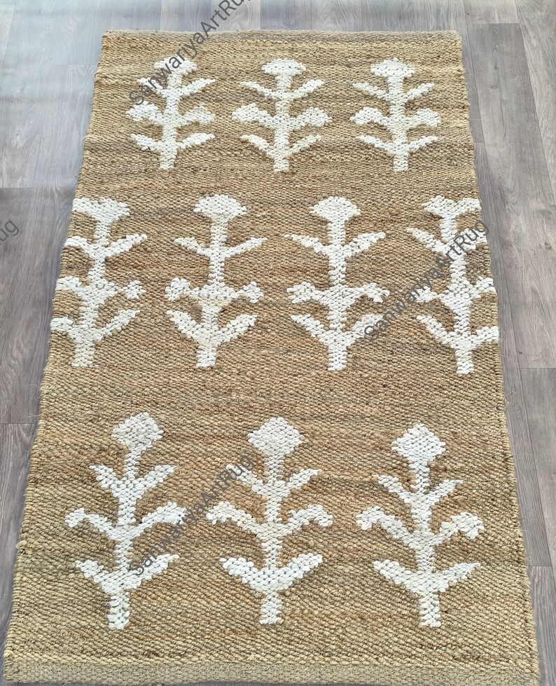 Handmade Wool Jute Kilim Runner Rug, Natural Hemp Jute 4x12 Ft Custom Stairway Large Area Bohemian Turkish Beige Modern Home Decor Runner