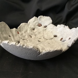 May include: A grey concrete bowl with a rough, textured surface. The bowl has a unique, organic shape with several rounded lobes. Small, dark brown stones are embedded in the surface of the bowl.