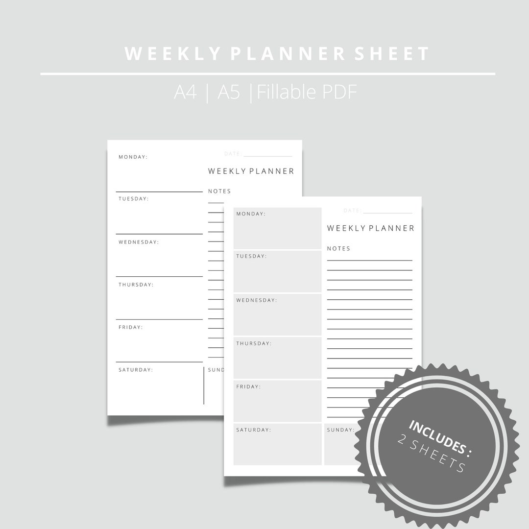 Printable weekly planner sheet 3 productivity template etsy uk