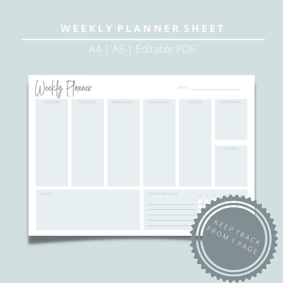Printable Weekly Planner Sheet Schedule Tasks to Do List Etsy