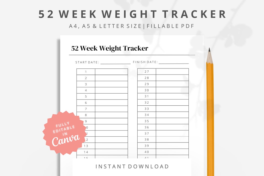 52 Week Weight Tracker Printable Sheet, Weight Loss Tracker, Weight ...