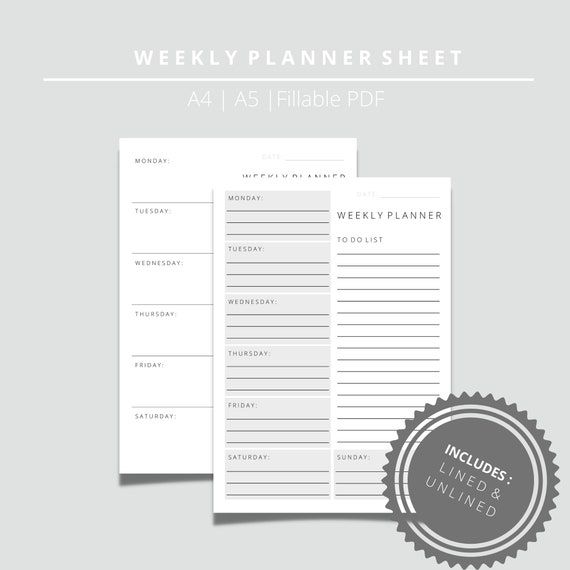 Printable Weekly Planner Sheet 2 Productivity Template Etsy