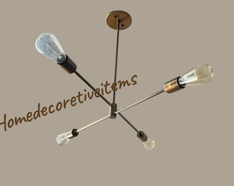 Brass Chandelier: Adjustable 4-Arm Mid-Century Modern Pendant Lamp