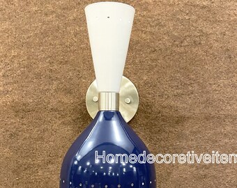 Brass Wall Sconce Pair, Mid Century Modern, Blue & Cream