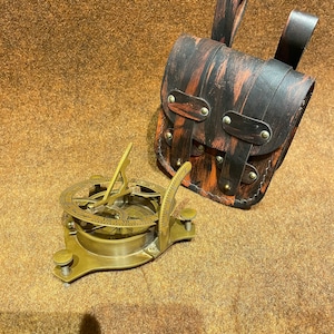 Gift For Him, Antique Brass Sundial Compass Marine Ship Compass With Leather Box Gift From Dad