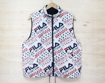 Vintage 90s FILA Sportiva Biella Italia Full Print Big Logo Vest Gillet Reversible